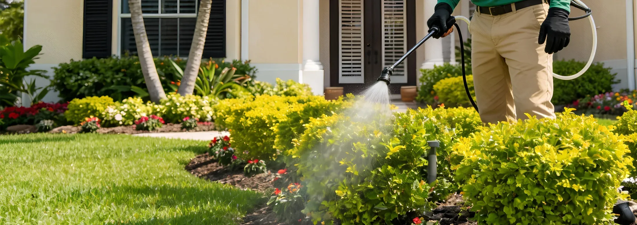 close up view of man spraying shrubs